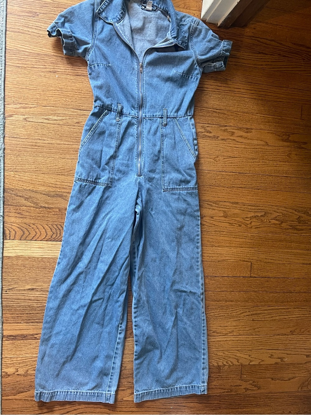 Wide leg denim jumpsuit